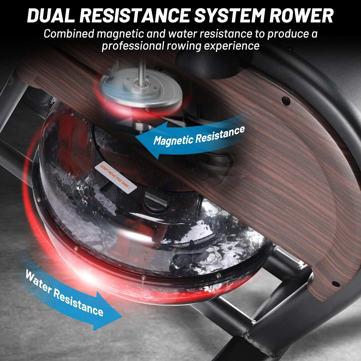 Dual Magnetic & Water Resistance Rowing Machine W Extended Slide, Full-Body Workout, Ergonomic Full Motion - Wood Black