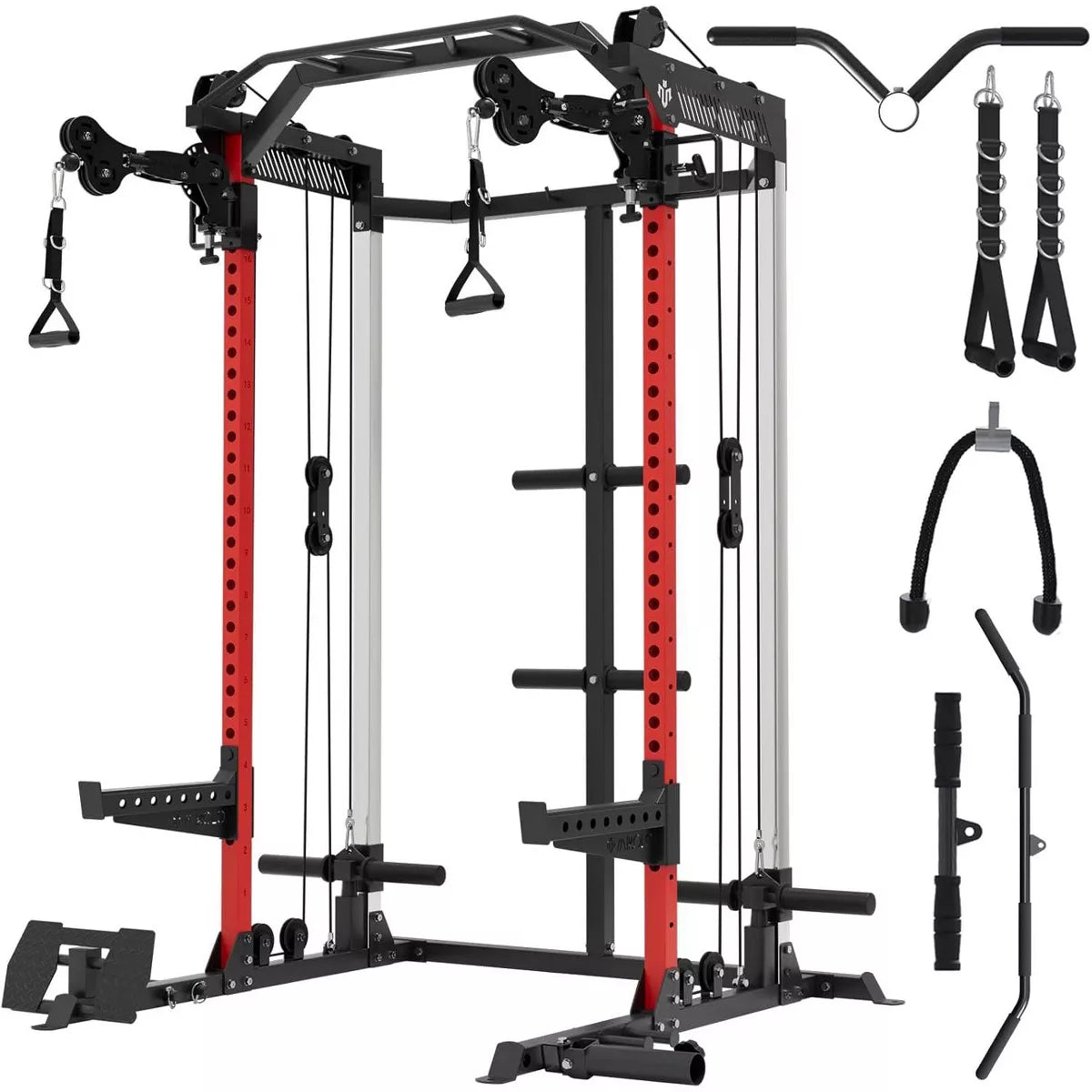 Power Cage, 2000LB Squat Rack, Dual Pulley Cable Crossover System, Multi-Function Free Weight Home Gym Workout Machine with Attachments