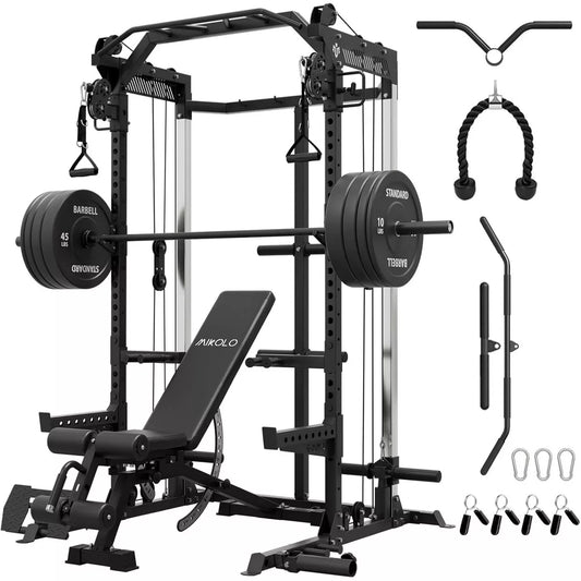 Power Cage, 2000LB Squat Rack, Dual Pulley Cable Crossover System, Multi-Function Free Weight Home Gym Workout Machine with Attachments