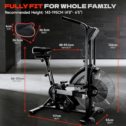 Air Bike, Exercise Bike with Magnetic & Air Resistance Fan Bike, Stationary Bike for Home Cardio Workout, Adjustable Indoor Cycling Bike with APP & Dual Action Handlebars, 350lb Capacity