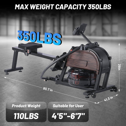 Dual Magnetic & Water Resistance Rowing Machine W Extended Slide, Full-Body Workout, Ergonomic Full Motion - Wood Black