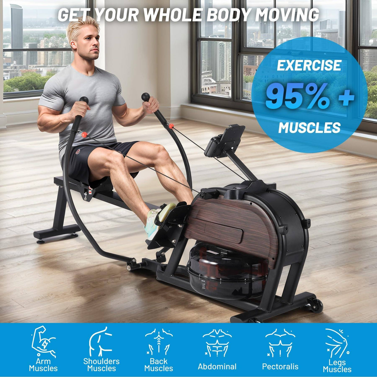 Dual Magnetic & Water Resistance Rowing Machine W Extended Slide, Full-Body Workout, Ergonomic Full Motion - Wood Black